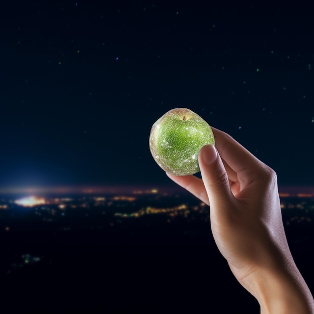 qualcuno che tiene una ciambella verde in mano con una città sullo sfondo ai generativa