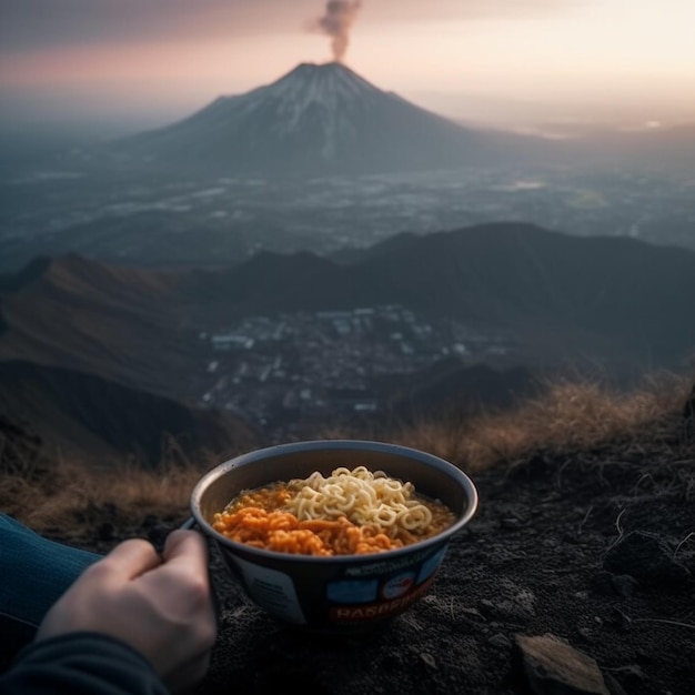 qualcuno che tiene una ciotola di tagliatelle con un vulcano sullo sfondo generativo ai