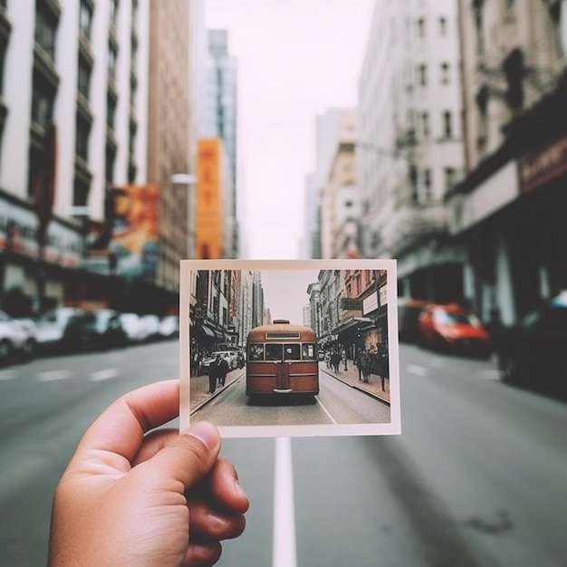 Qualcuno che tiene una foto di un autobus nel mezzo di una strada della città generativa ai