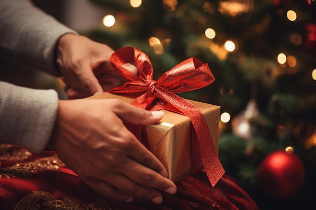 Qualcuno con un regalo avvolto in un nastro rosso vicino a un albero di Natale.