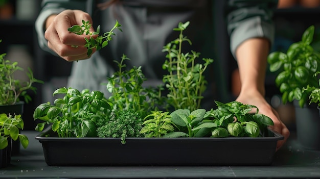 Qualcuno crea e riempie una scatola di finestra interna con erbe