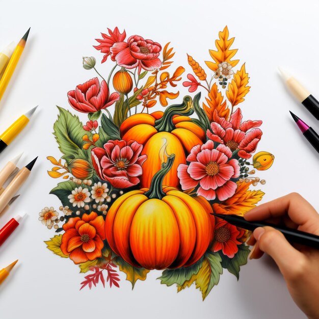 qualcuno sta disegnando una zucca con matite colorate e fiori generativo ai