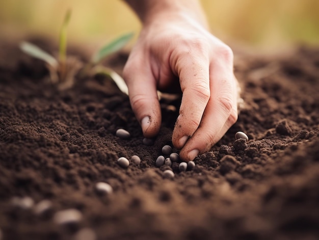 Qualcuno sta piantando una pianta con piccole palline bianche nella terra generativa ai