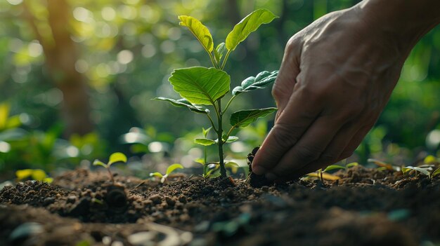 qualcuno sta piantando una pianta nella terra con le mani generativa ai