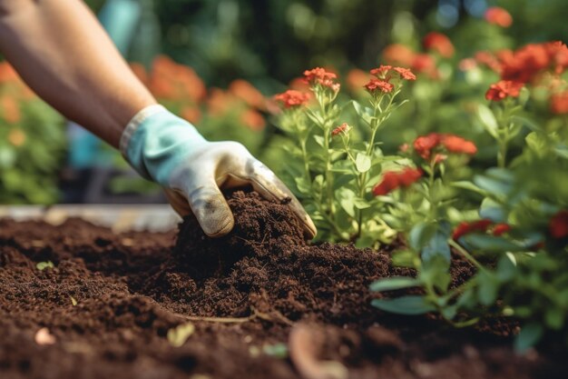 qualcuno sta scavando la terra in un giardino con un paio di guanti generativi ai