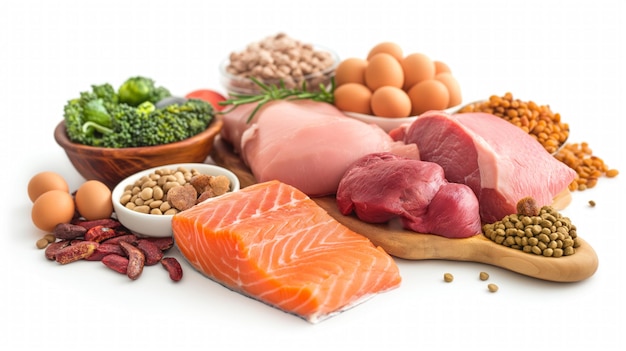 Qualità della fonte proteica nutrizione equilibrata adeguata concetto di alimentazione e dieta sana cibo naturale ricco di proteine su tavola sfondo bianco