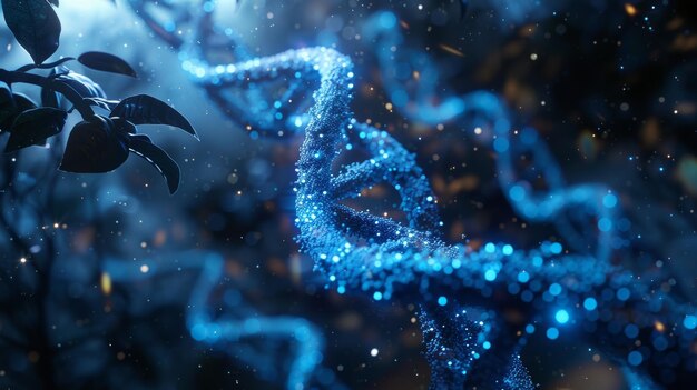 Quando la telecamera si avvicina il DNA del cromosoma blu e le sostanze chimiche della materia luminosa lampeggianti appaiono il concetto di salute genetica con la tecnologia e la scienza rendering illustrato in 3D