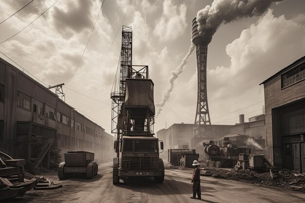 Quartiere industriale affollato con camini, macchine e operai generativi.