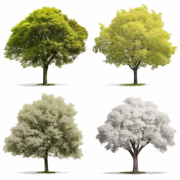 Quattro alberi diversi con foglie bianche e verdi su uno sfondo bianco