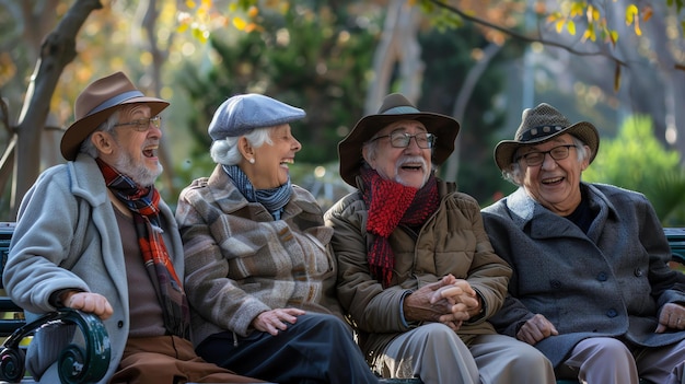 Quattro amici anziani seduti su una panchina del parco e che ridono insieme