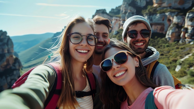 Quattro amici felici che si fanno un selfie in montagna, indossano tutti occhiali da sole e sorridono, sullo sfondo c'è un bellissimo paesaggio di montagna.