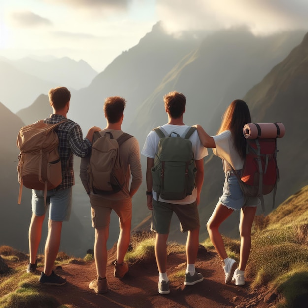 Quattro amici, immersi nella luce dorata del tramonto, ammirano una vista panoramica della montagna durante la loro escursione