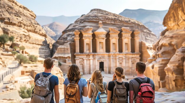 Quattro amici sono in piedi davanti a un antico tempio tutti indossano zaini e guardano il tempio con timore