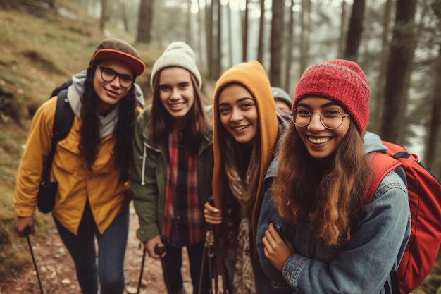 Quattro amici sono in piedi in una foresta, uno di loro indossa un cappello e l'altro indossa un berretto.