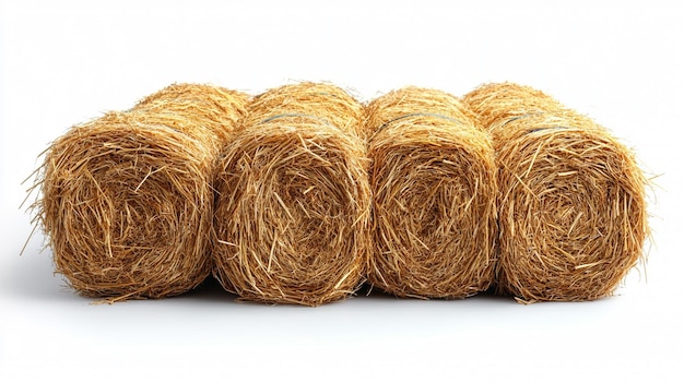 Quattro balle di fieno isolate su sfondo bianco pronte per l'uso agricolo