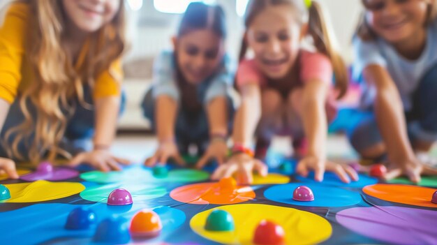 Quattro bambini stanno giocando a Twister insieme. Sono tutti sorridenti e si divertono.