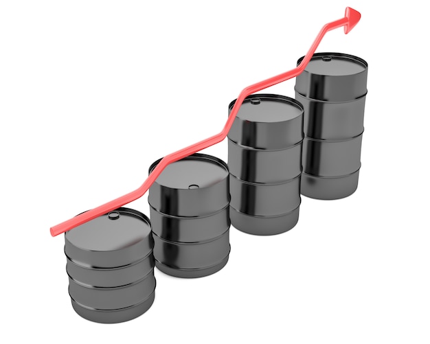 Quattro barili di petrolio con crescente freccia rossa