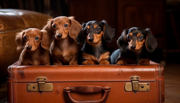 Quattro bassotti si siedono in una valigia marrone