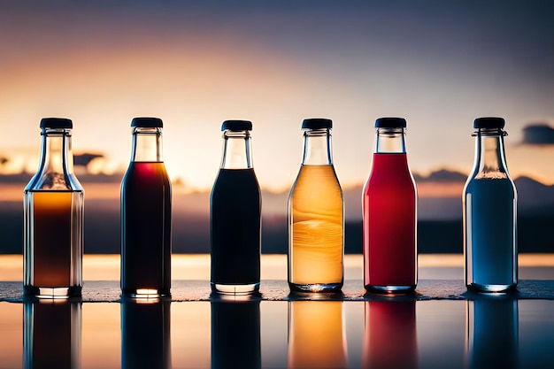 quattro bottiglie di colori diversi, una delle quali è rossa e l'altra è una bottiglia trasparente con un liquido rosso al suo interno.