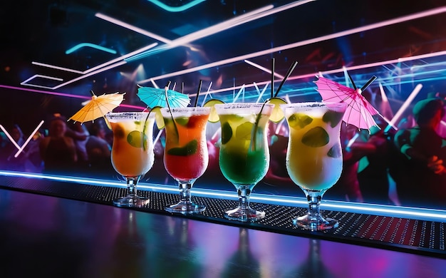 Quattro cocktail mai tai in un club su un bancone del bar