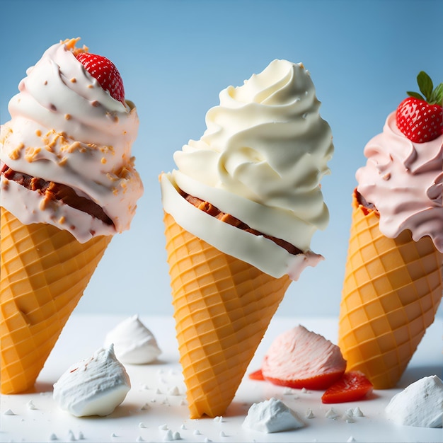 Quattro coni gelato di cui uno alla fragola e l'altro alla fragola.