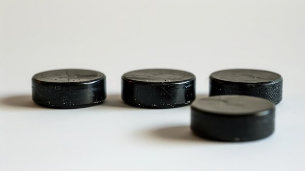 Quattro dischi da hockey allineati in fila su uno sfondo bianco
