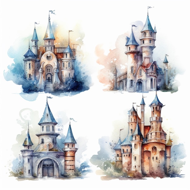 quattro diverse illustrazioni ad acquerello di un castello con torrette e un orologio ai