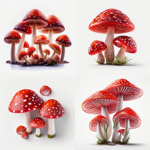 Quattro diverse immagini di funghi con diversi colori e forme.