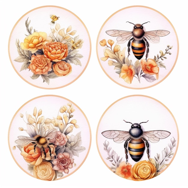 quattro diverse immagini di un'ape e fiori in un cerchio ai generativo