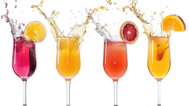 quattro diversi cocktail con frutta e acqua spruzzata in loro