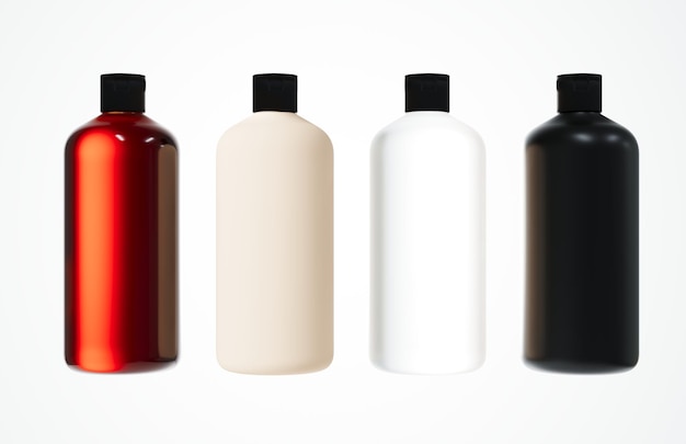 Quattro diversi flaconi di shampoo imballaggi cosmetici in plastica set assortiti rendering 3D isolati su sfondo bianco prodotto per la cura dei capelli pronto mockup