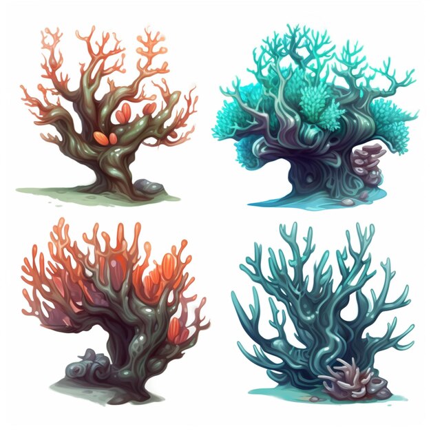 Quattro diversi tipi di alberi su uno sfondo bianco.