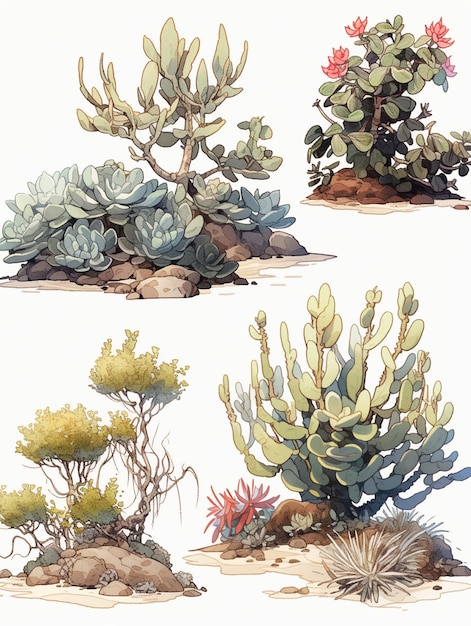 Quattro diversi tipi di piante e rocce in un deserto ai generativo