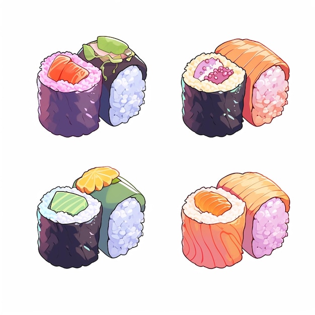 quattro diversi tipi di sushi su uno sfondo bianco ai generativa