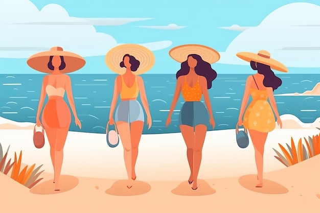 Quattro donne che camminano sulla spiaggia indossando cappelli