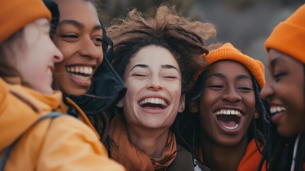 Quattro donne diverse con sorrisi luminosi accovacciate insieme indossano vestiti caldi e sembrano godersi l'aria aperta