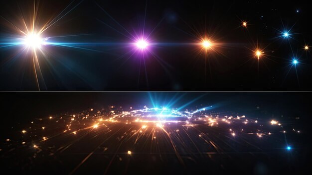 Quattro effetti di luce unici su sfondo nero Razzi di stelle Illuminazione dinamica Razzi di lenti drammatiche e stelle luminose