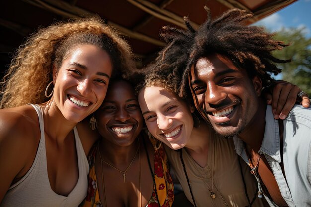 Quattro felici amici afroamericani sulla trentina che si divertono nello stile degli amici nel parco