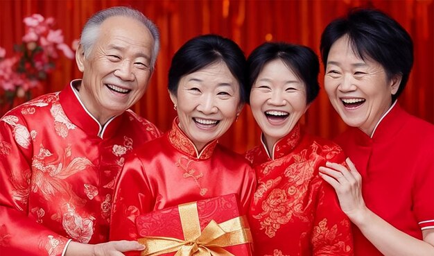 Quattro felici pensionati asiatici attivi in abiti tradizionali cinesi celebrano il Capodanno orientale