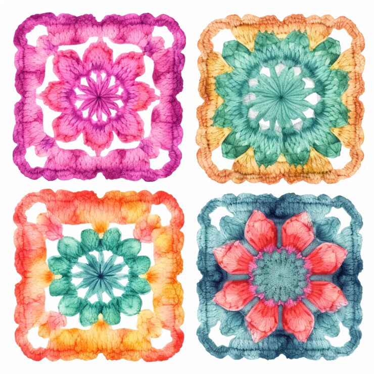quattro fiori quadrati all'uncinetto in diversi colori su uno sfondo bianco ai generativi