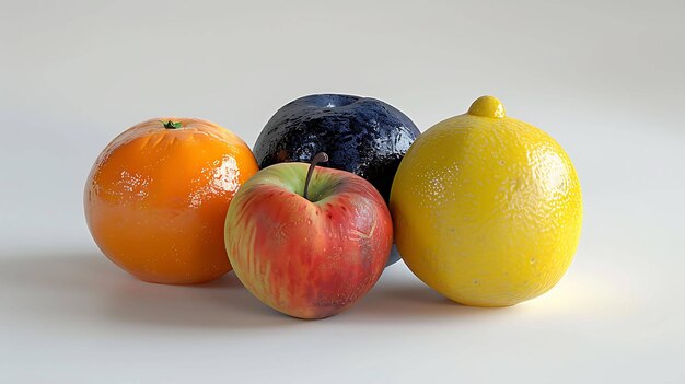 Quattro frutti lucidi un'arancia una mela un limone e una prugna su uno sfondo bianco
