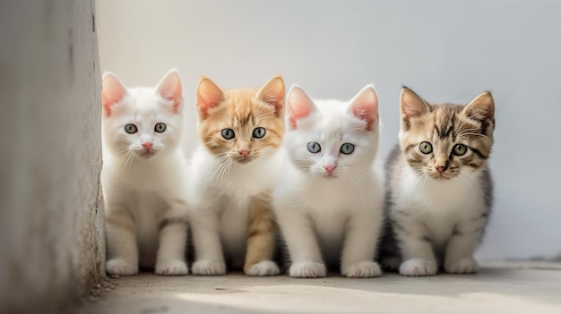 Quattro gattini siedono in fila, uno dei quali è bianco e l'altro ha gli occhi azzurri.