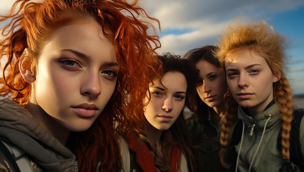 Quattro giovani belle ragazze che guardano la fotocamera Amici che scattano un ritratto selfie Primo piano IA generativa
