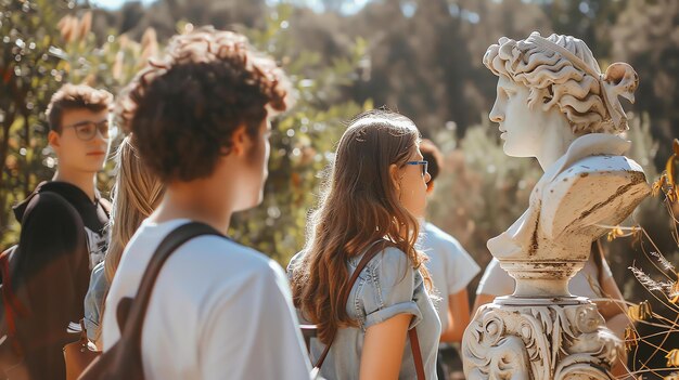 Quattro giovani che guardano una statua in un parco