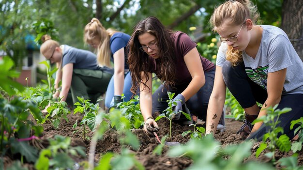 Quattro giovani donne che piantano in un giardino comunitario