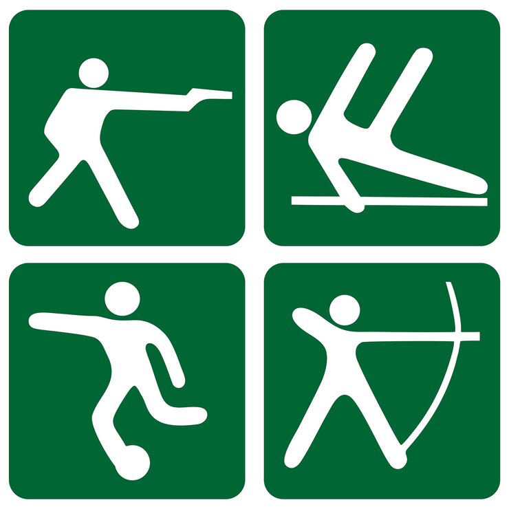 Foto quattro icone di diversi tipi di sport illustrazione sportiva di esercizio di tiro con pistola su irregolare