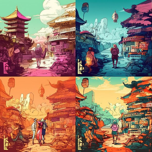 Quattro illustrazioni di un tempio cinese con la scritta "l'anno" a sinistra.