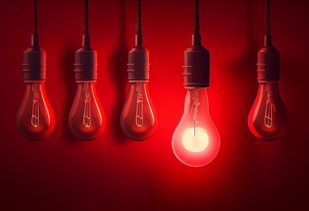 Quattro lampadine rosse con una che dice "luce".