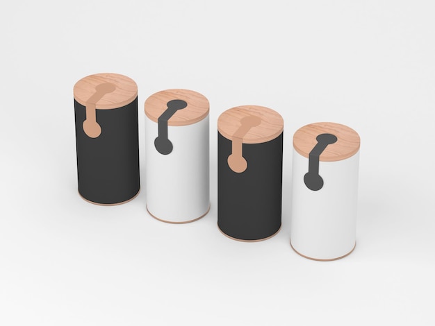 Quattro lattine Mockup copertina in legno e adesivo, etichetta Bianco e nero Imballaggio cilindrico Rendering 3d