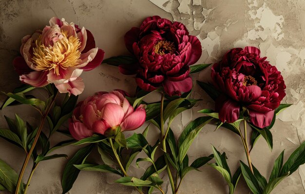 quattro peonie rosse e rosa e flora verde